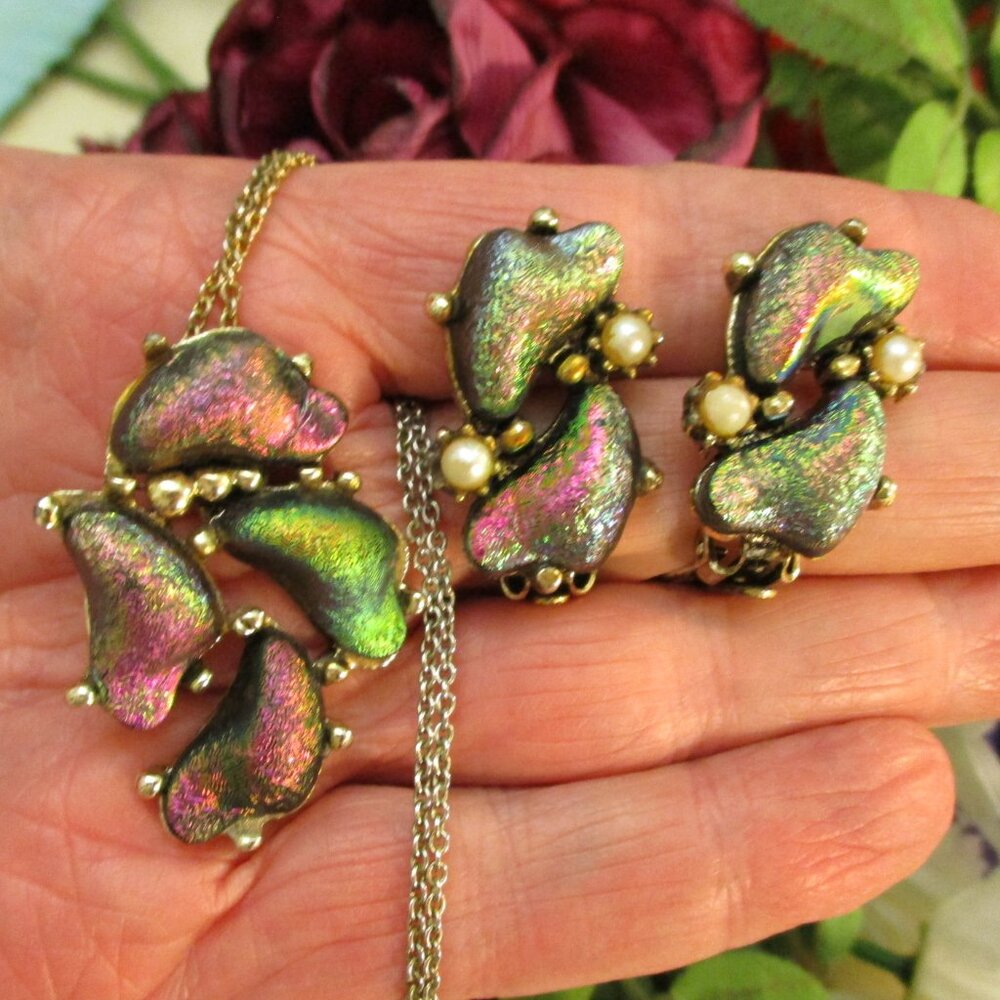Vintage HELIOTROPE GLASS Jewelry Set: LAGUNA Czech Glass Silver Necklace Earring